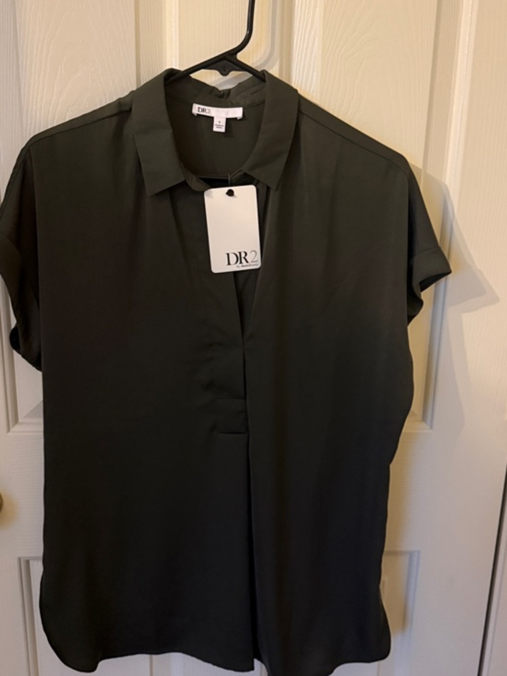 DR2 Dark Olive Green Short Sleeve Split V-Neck Button Down Blouse